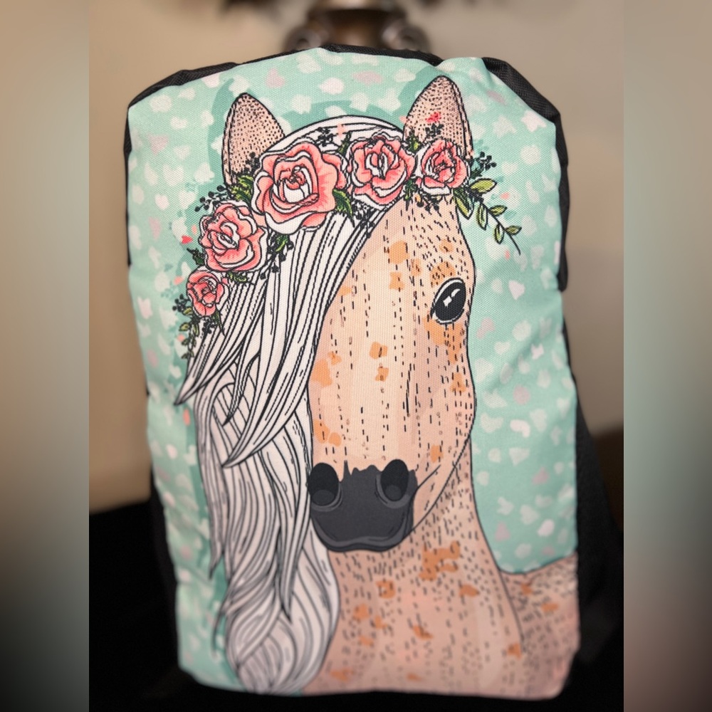New Fantasy Horse Backpack Pink Flowers Bag Light Weight Side Pockets - Picture 1 of 5
